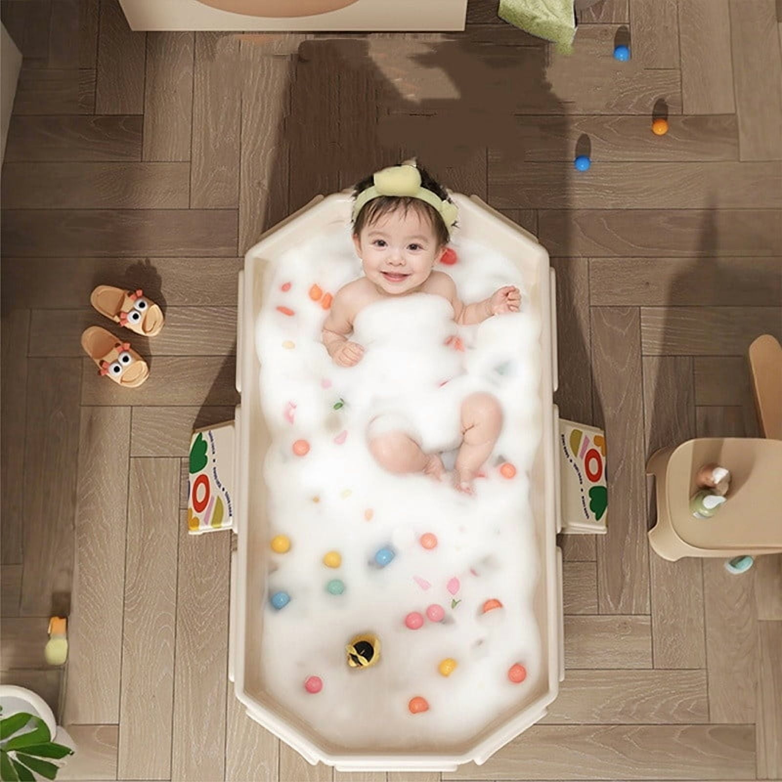 cpengpj Foldable Baby Bathtub Toy Gift Pack with 5 Balls and 2 Ducks, Portable Collapsible Bath Tub for Infant Toddler and Pet Bathing, Quick Drain System, Space Saving Design for Home Travel Use