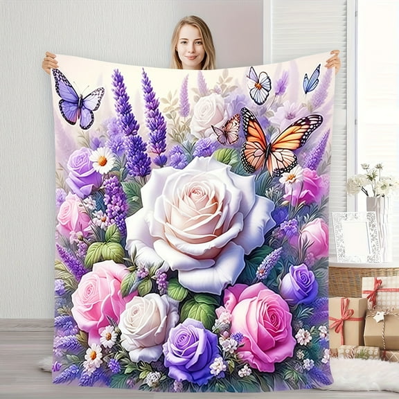 1pc Cozy Lavender & Rose Garden Butterfly Print Flannel Throw Blanket - Soft, Warm, and Aesthetic with Vibrant Floral Design, Perfect for Living Room, Bedroom Decor
