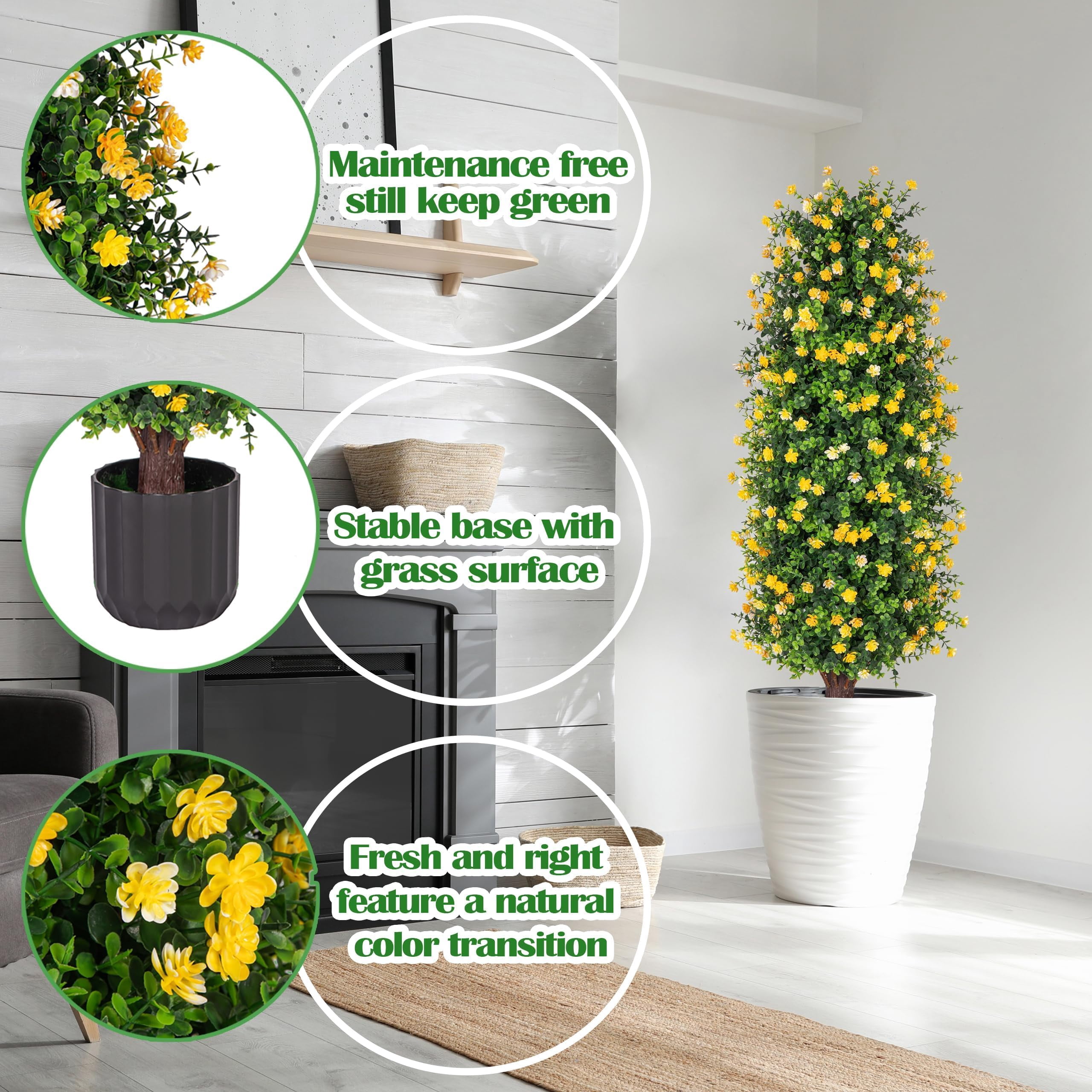 Bibana Artificial Rose Tree 3FT- Fake Floral Plant Tree in Pot- Decorative Topiary Plant - Cement Filled Potted Faux Flower Plant for Home Office Porch Decor Indoor Outdoor(set of 2)