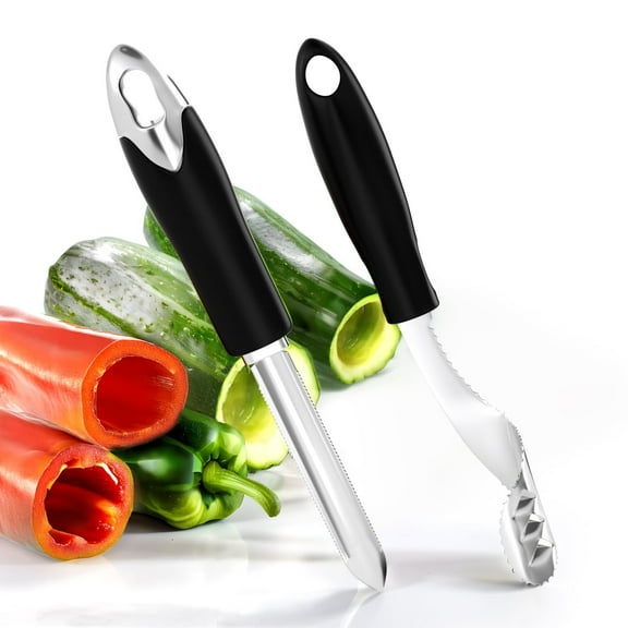 Jalapeno Pepper Corer & Zucchini/Cucumber Corer, Stainless Steel Core Deseeder Kitchen Tool with Serrated Slice and Rubber Handle, Seed Remover or Slice off Vegetables tops