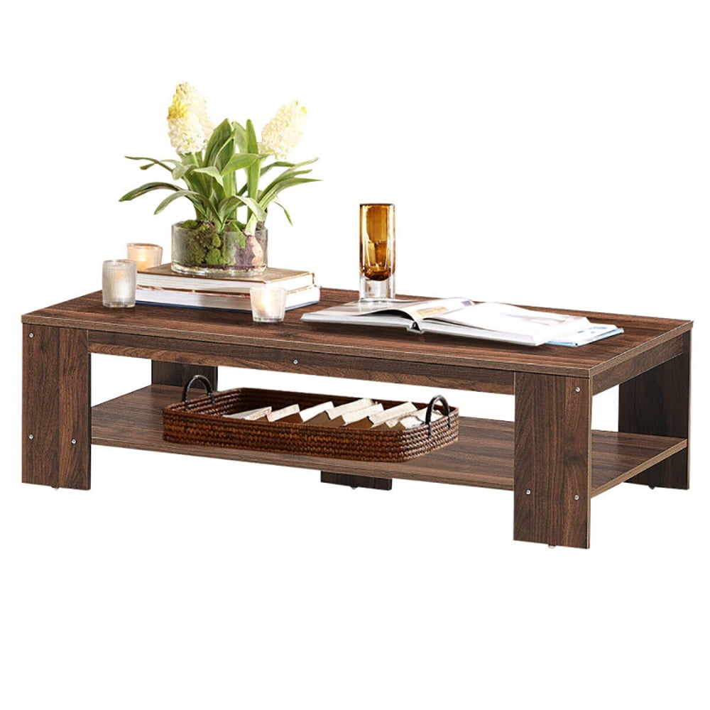 Finihen Rectangular Coffee Table, 47 Inch 2-Tier Rectangular Coffee Table with Storage Shelf, for Living Room, Reception Room, Office, Brown Finihen Rectangular Coffee Table, 47 Inch 2-Tier Rectangular Coffee Table with Storage Shelf, for Living Room, Reception Room, Office, Brown