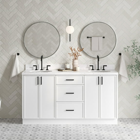 Ariel Kelly 66 Inch Double Oval Sink Bathroom Vanity With Carrara White Quartz Countertop 1.5 Inch Edge In White