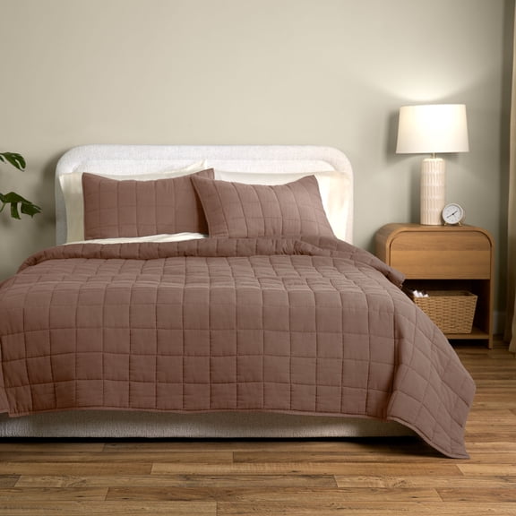 Allswell Linen Blend 3-Piece Quilt Set, Full/Queen, Savannah Taupe Brown