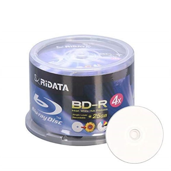 ritek ridata blu-ray (bd-r) white inkjet hub printable 4x bd-r media 25gb 50 pack in cake box (bdr-254-rdiwn-cb50)