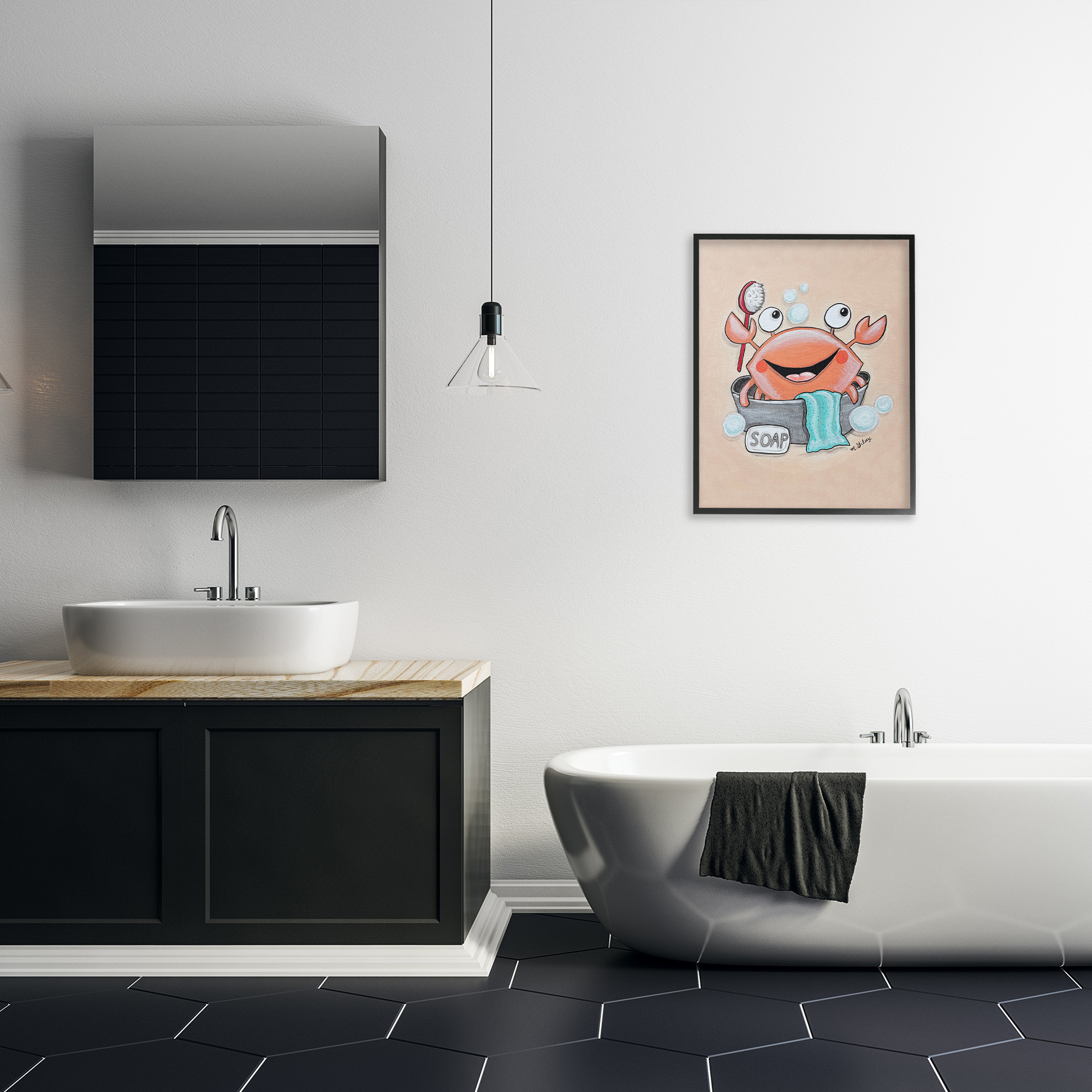 Stupell Industries Happy Crab Bathing Animals & Insects Painting Black Framed Art Print Wall Art, 24 x 30
