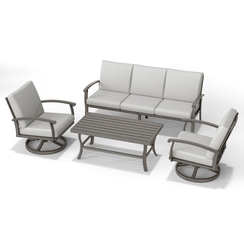 4 Piece Aluminum Patio Conversation Set, Patio Outdoor Furniture Set with 1 Coffee Table, 2 Swivel Chairs and 1 Three-Seater Sofa for Backyard Poolside