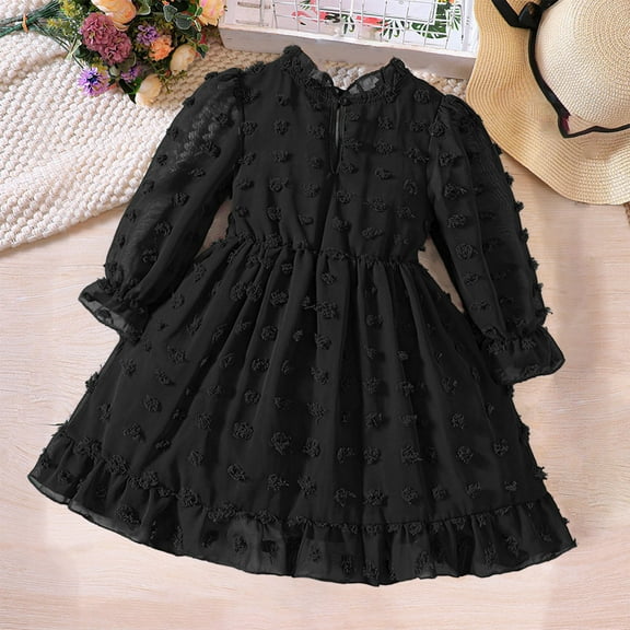 (3-8 Years) Girls Spring And Fall Models Women Jacquards Polka Dots Ruffled Edges Round Neck Bow Long Sleeve Dress Set Elegant Dress Light Up Dress