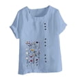thumbnail image 4 of VEKDONE Womens Linen Shirts Short Sleeve Crewneck Plus Size Blouse Floral Graphic Tees Summer Loose Fit Lightweight Button Tunic Tops Light Blue L, 4 of 5