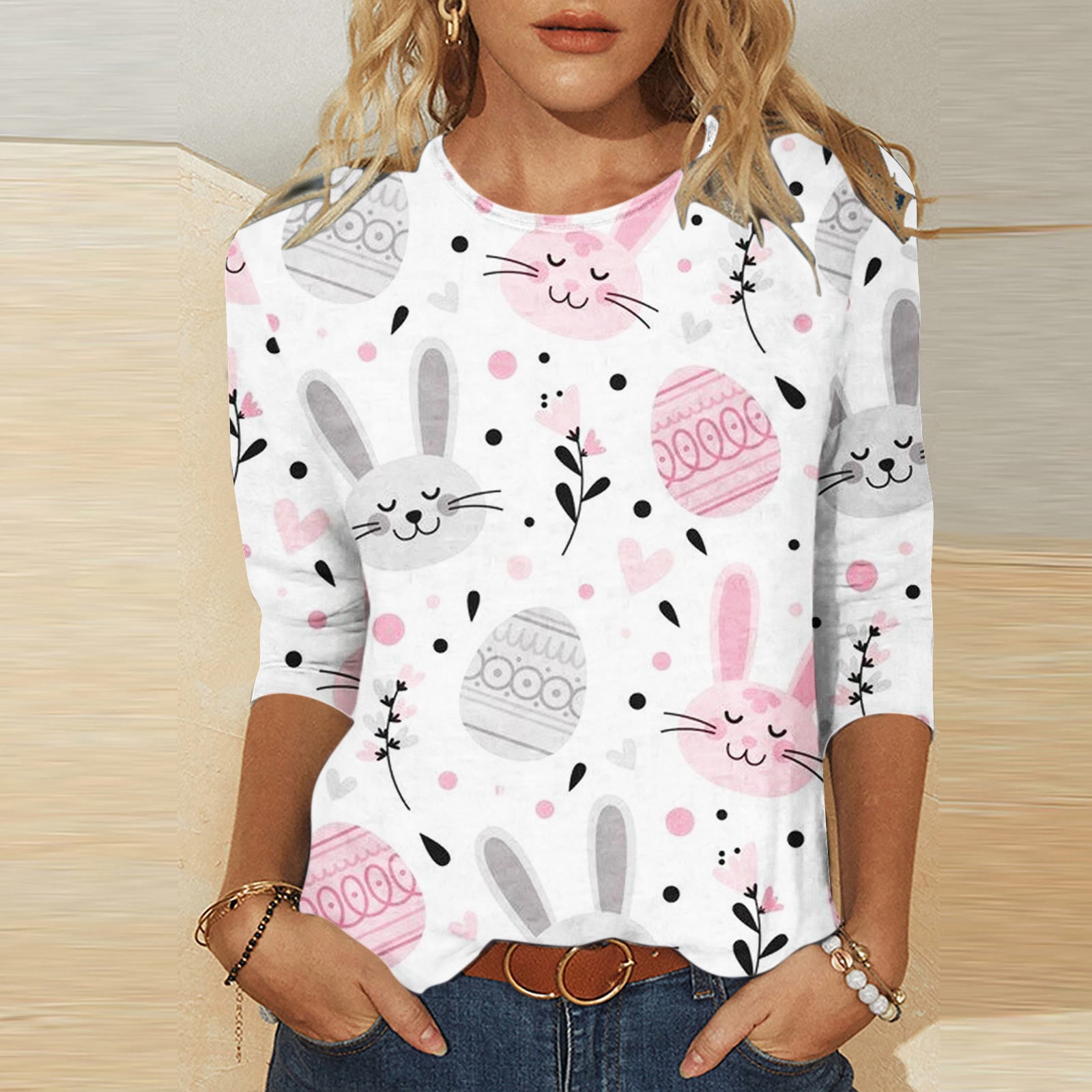 Women's Easter Shirts Bunny Eggs Easter Print Top 34 Sleeve Cute T