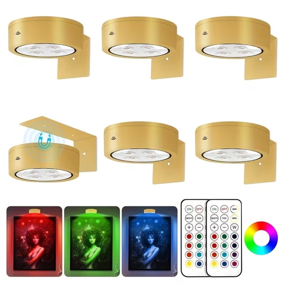 RGB Picture Light Battery Operated Painting Lights for Wall Wireless Magnetic Display Art Light with Remote Controls,Dimmable&Timer for Art Frame Artworking,6Pack Black