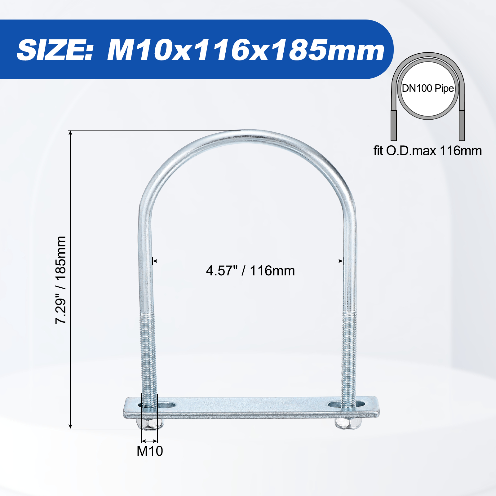 U Bolts 2Set (M10x116x185mm), Round U Bolt Kits DN100 Carbon Steel with Nylon Lock Nut Washers Plates - for Construction, Pipe, Trailer, Automotive, Leaf Spring Fastener