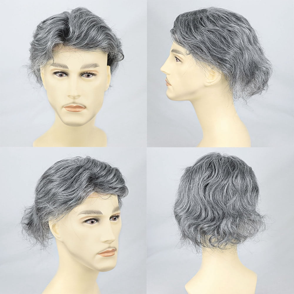Hair System Mens Toupee Human Hair Replacement Wigs for Men Natural Hairline Fine Mono with PU Hairpiece 1B Off Black with 60% Synthetic Grey Hair 8x10 Inch