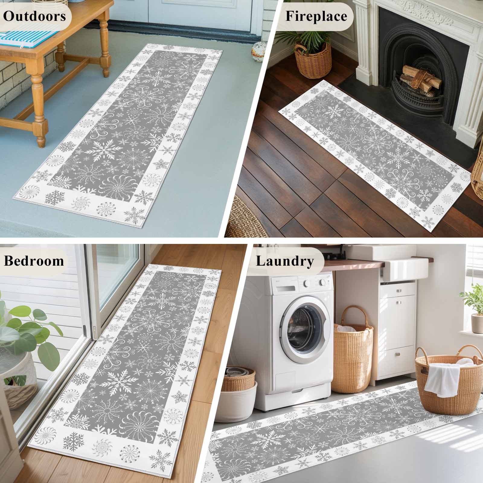 Snowflakes Christmas Kitchen Runner Rug 2x6 Washable Runners for Hallway Non Slip Grey Xmas Winter Vintage Large Area Rug Indoor Floor Carpet for Bathroom Laundry Entryway Bedroom Living Room