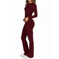 thumbnail image 3 of Women'S 2 Piece Matching Lounge Set Long Sleeve Slightly Crop Top Wide Leg Pants Casual Sweatsuit Wine Red S, 3 of 9