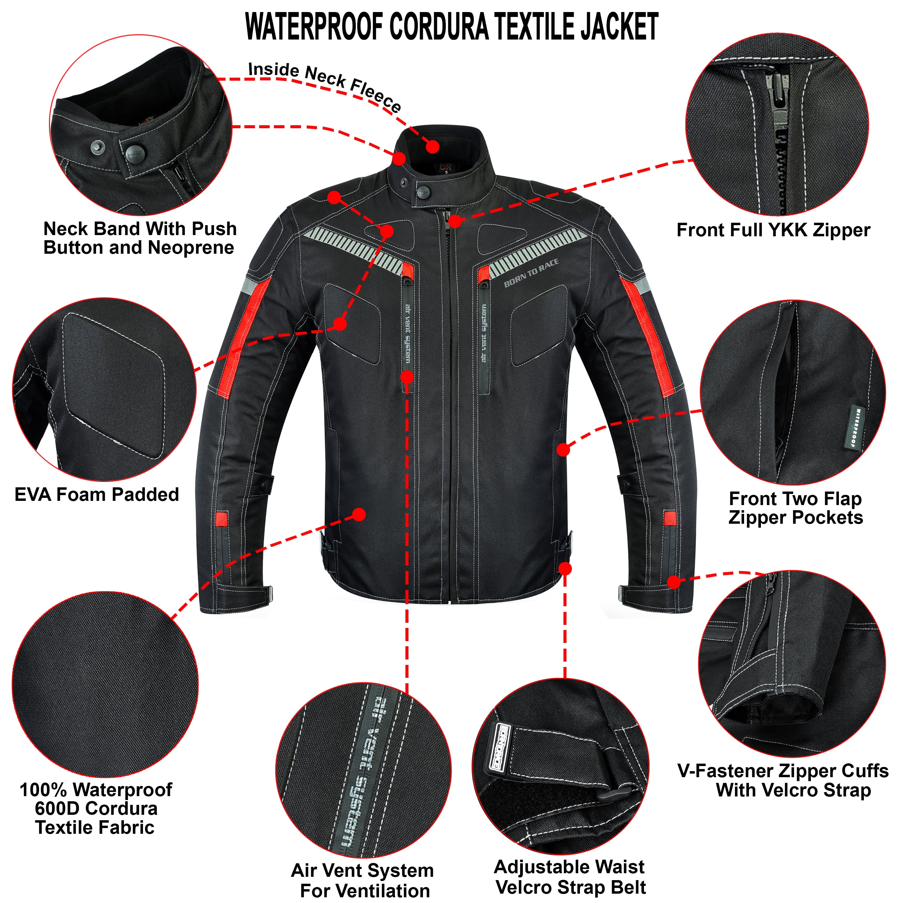 Men’s Waterproof Motorcycle Textile Jacket, All-Season Touring Riding Jacket with EVA Foam Padding, Air Vents, YKK Zipper, Adjustable Fit Black-M