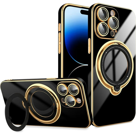 for iPhone 14 Pro Max Case with Magnetic Ring Holder [Compatible with Magsafe] Soft TPU Shockproof Electroplated Kickstand Protective Phone Case for iPhone 14 Pro Max Black