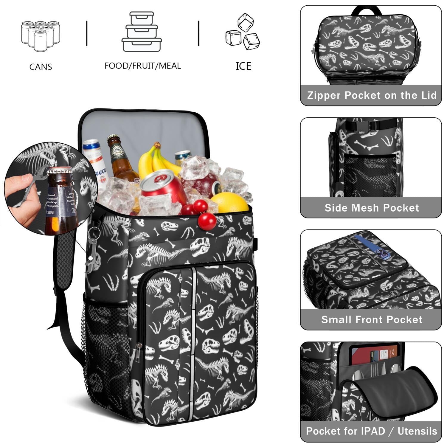 Travel Cooler Bag - Black Cartoon Dinosaurs Skulls Skeletons Pattern Camping Beer Cooler Backpack with Bottle Opener- Waterproof Insulated Picnic Backpacks - Cooler Bag for Beach