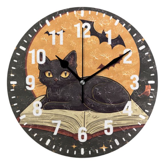 Yayeee 10" Wall Clock Battery Operated Quartz Round Silent Non-Ticking Home Decor, Orange Halloween Cat