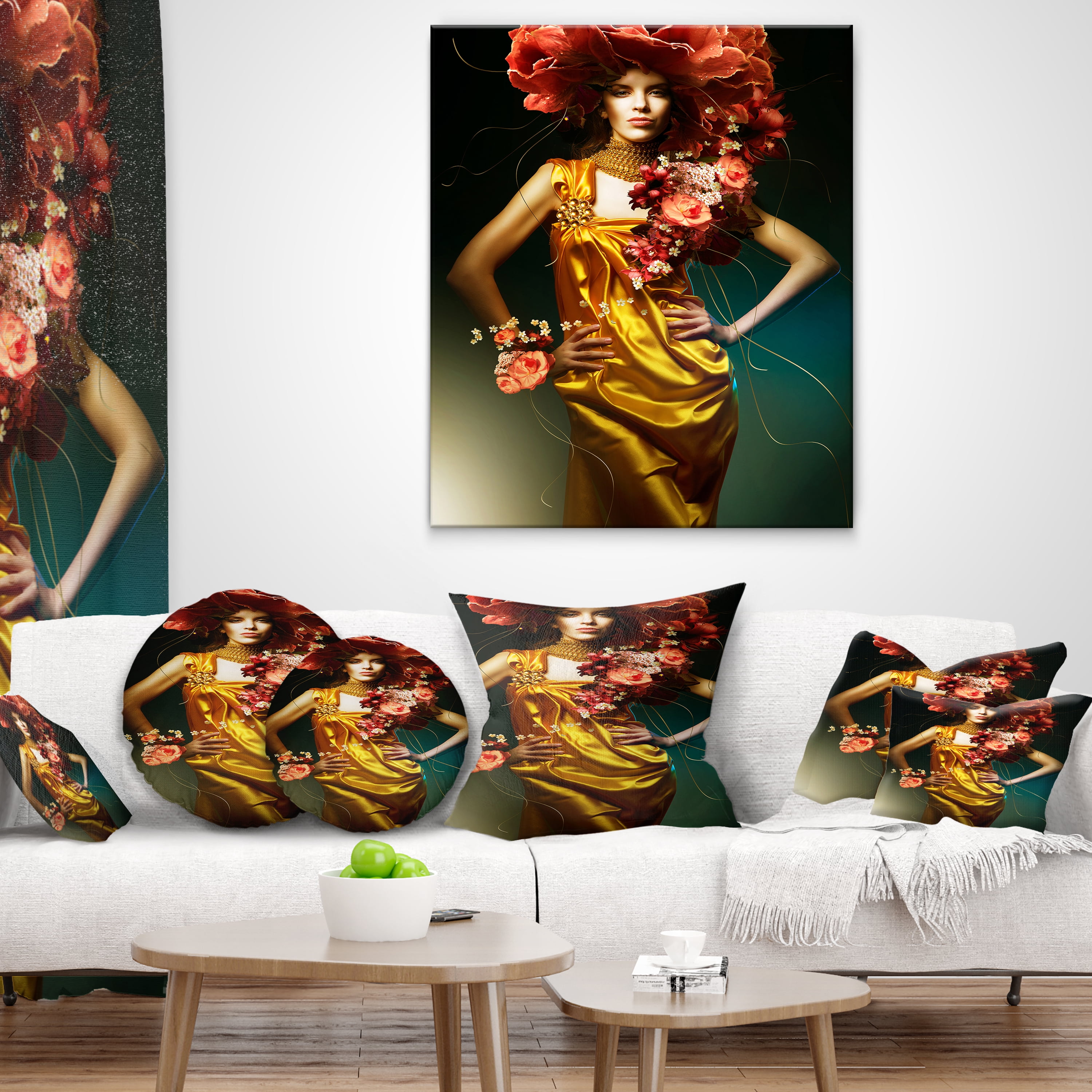 Designart Sensual Woman in Yellow Dress - Portrait Throw Pillow - 18x18