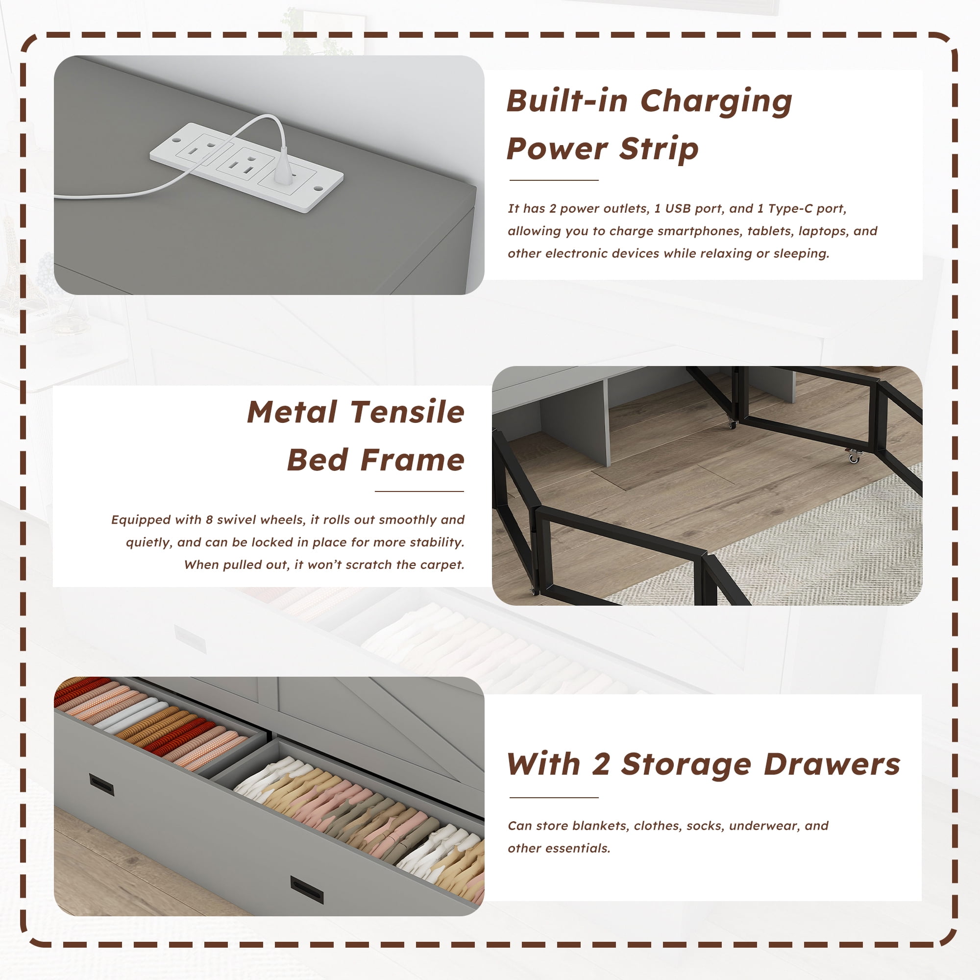 Mintazer Full Murphy Bed with 2.8" Mattress & Charging Station, Foldable Cabinet Bed with Storage Drawers for Bedroom Guest Room&nbsp;Living Room, Gray