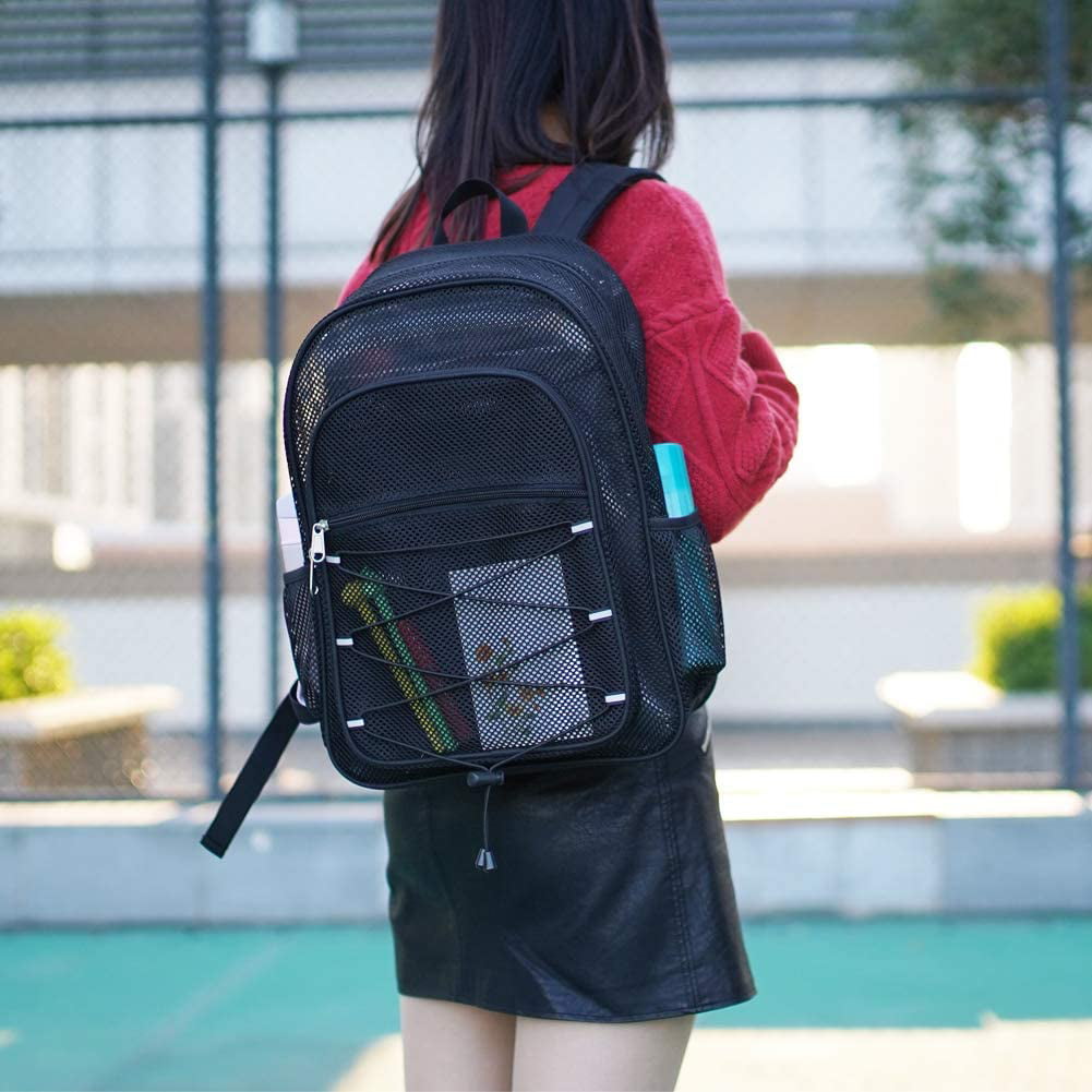Travel Outdoor Sports See Through College Student Backpack with Padded Shoulder Straps for Commuting Swimming Beach Heavy Duty Semi-Transparent Mesh Backpack 