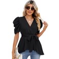 thumbnail image 2 of Yesfashion Women Dressy Deep V Neck Belted Tie Peplum Tops Empire Waist Wrap Blouse Puff Short Sleeve Shirt, 2 of 5