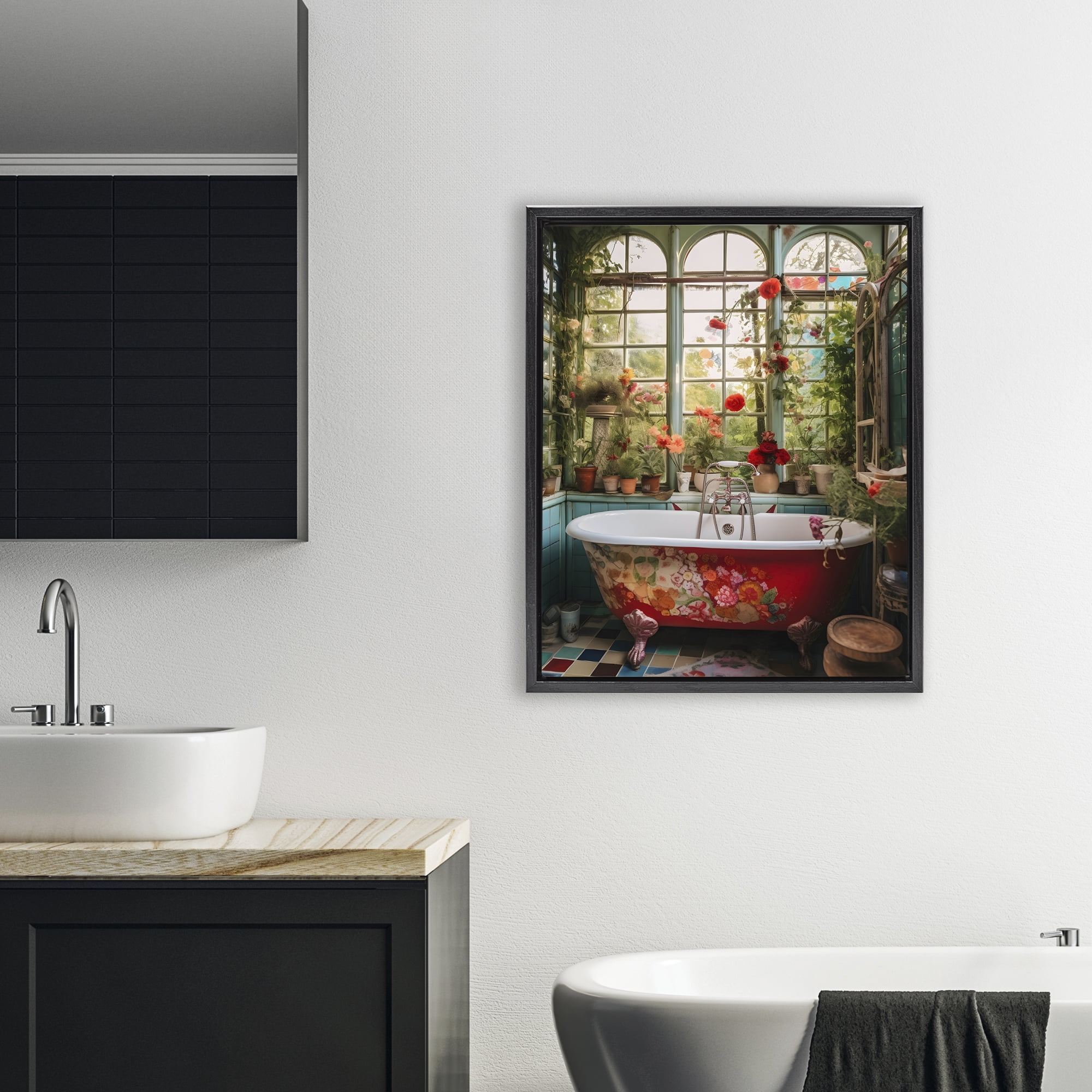 Floral Sunroom Tub Black Framed Floater Canvas Wall Art, design by Lettered and Lined
