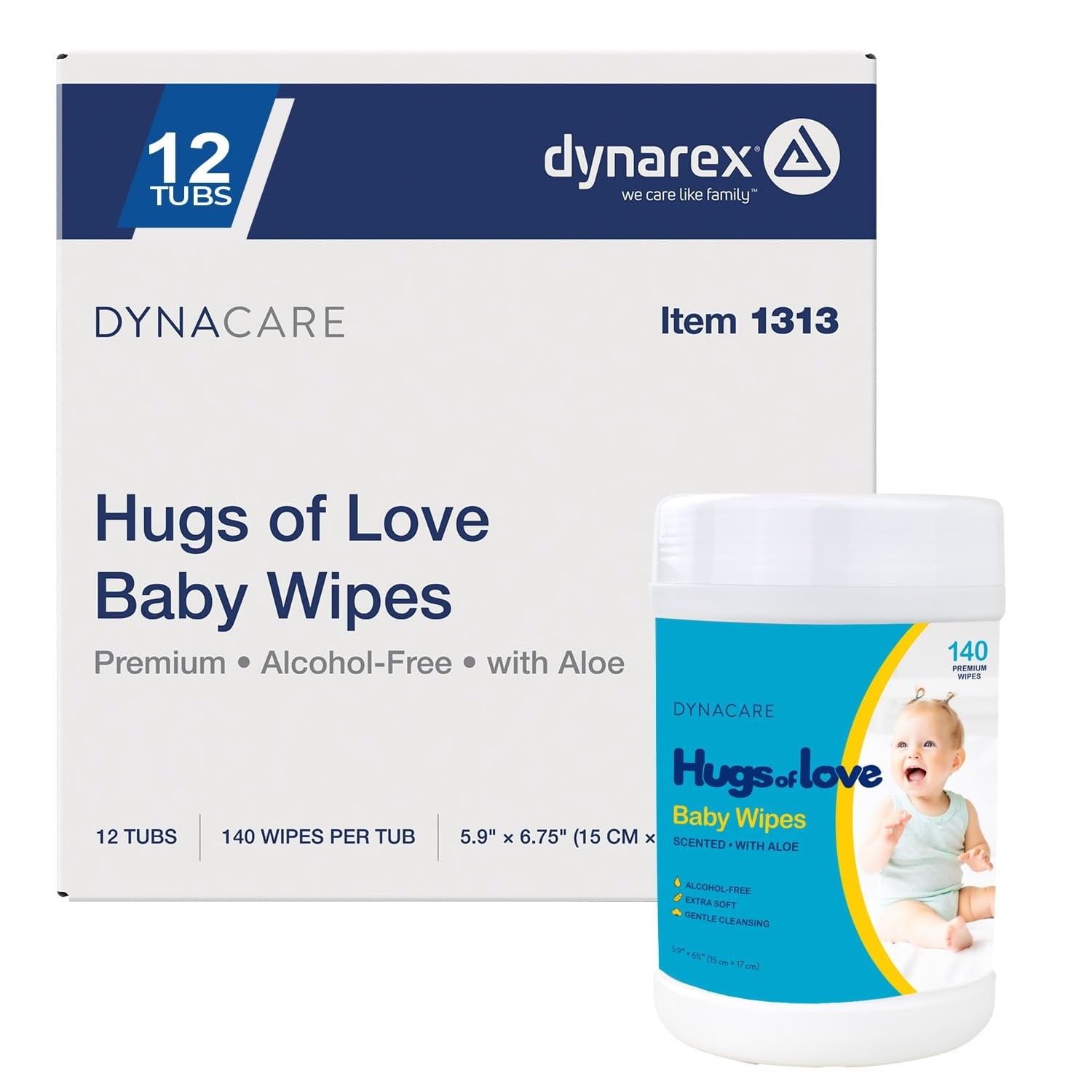Dynarex Nice'N Fresh Alcohol-Free Aloe Baby Wipes, Fresh Scented, 12 Canister Pack (1680 Wipes)