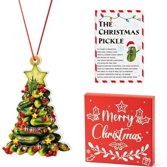 MISSUNNY Christmas Theme Pickle Ornament Gift Set, Realistic Acrylic Pickle Cucumber Ornament for Christmas Tree Decor, Pickle Christmas Tree Ornament with Legend Story Card & Gift Box Xmas Party Favo