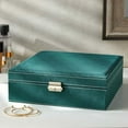 thumbnail image 3 of Velvet Jewelry Box Organizer - 10.5 x 10.5 x 3.5 in, Green - Lockable 2-Tier Travel Jewelry Case & Earring Storage - Removable Tray & Built-In Necklace Organizer, 3 of 9