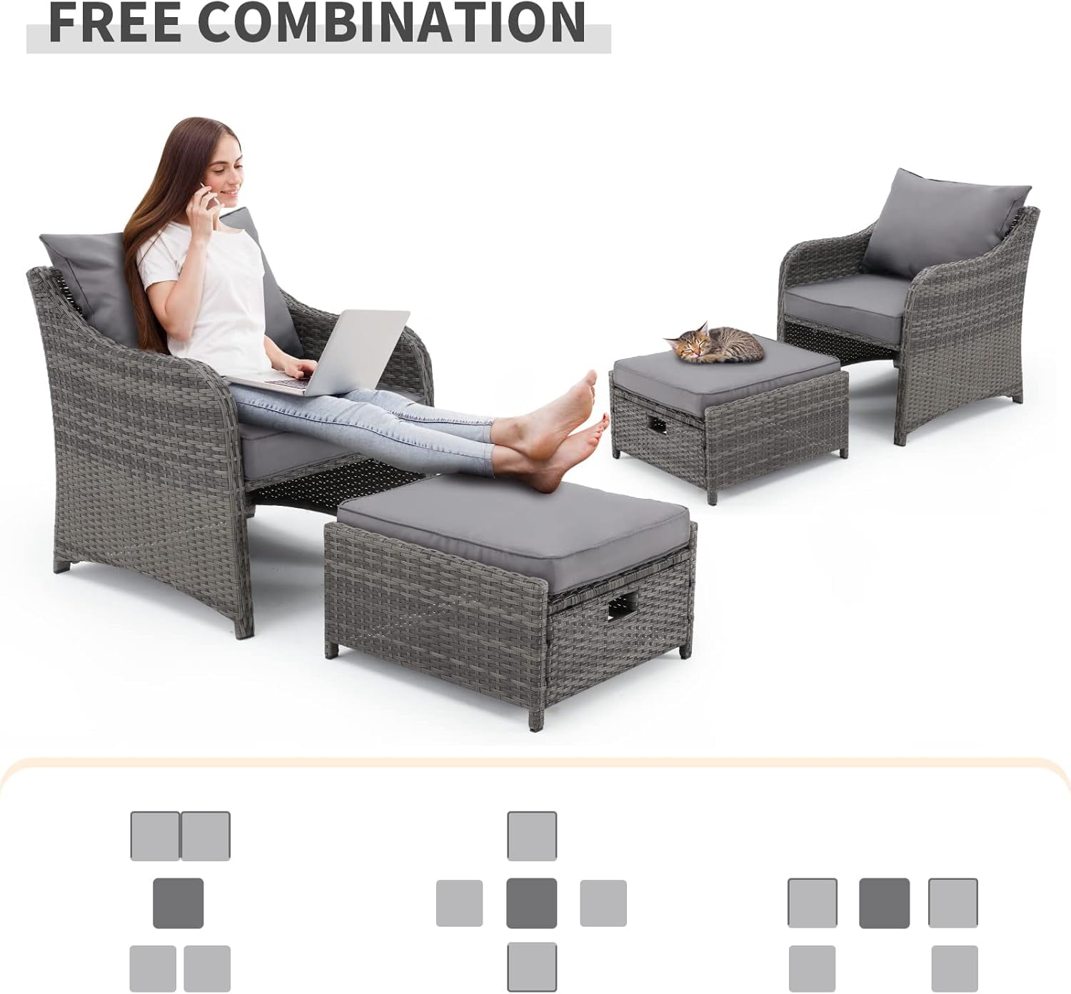 HOMREST 5 Piece Balcony Furniture, All Weather PE Wicker Rattan Patio Furniture Set, Cushioned Patio Chairs Set of 2 w/Ottoman&Table, Outdoor Lounge Chair for Lawn Pool Balcony