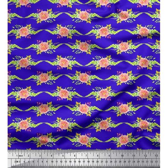 Soimoi Blue Cotton Poplin Fabric Leaves & Camellias Floral Print Fabric by Yard 42 Inch Wide