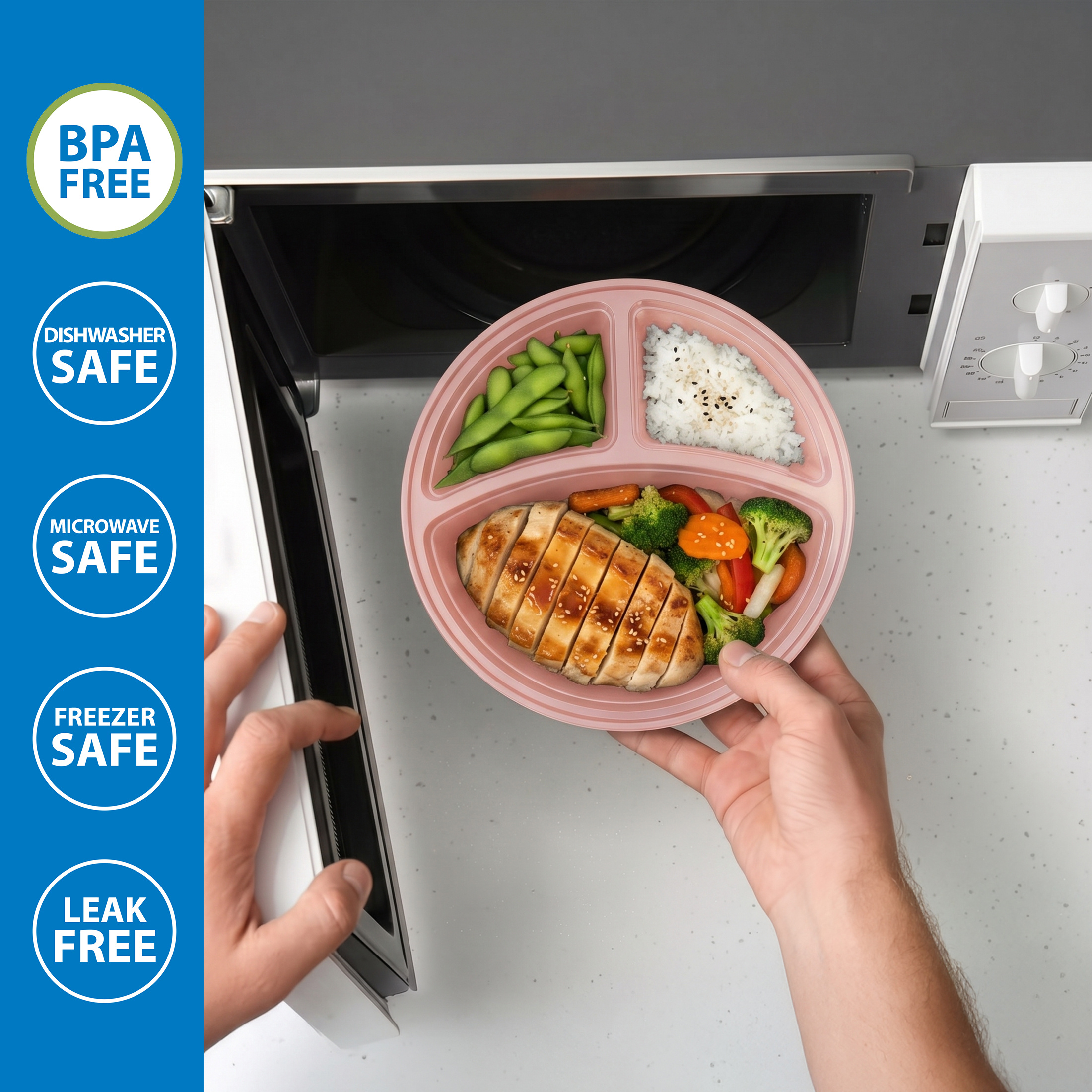 Mainstays 5-Pack 3-Compartment Round BPA-Free Plastic Meal Prep Food Storage Containers, 1L, Pink Blush