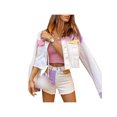 thumbnail image 2 of Women Cropped Denim Jacket Patchwork Button Down Shirt Shacket Casual Coat with Pocket, 2 of 7
