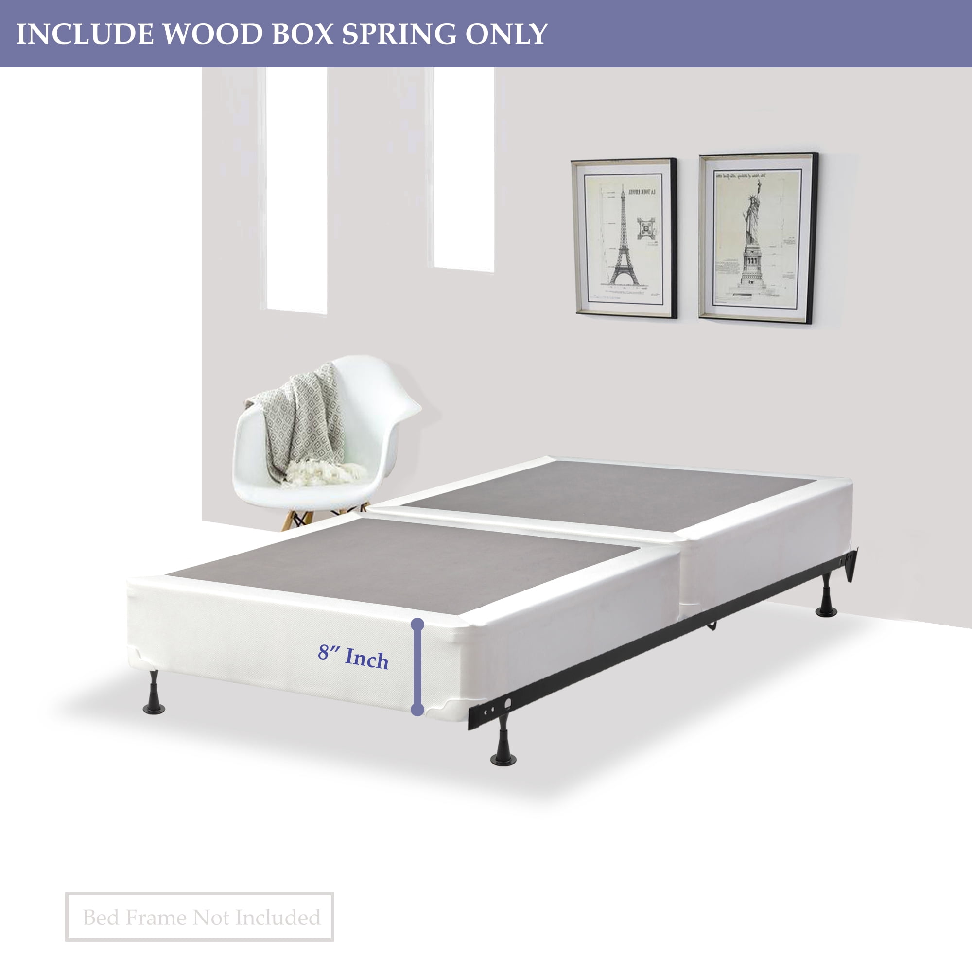 Continental Sleep, 8" Twin High Profile Wood Box Spring for Mattress, White