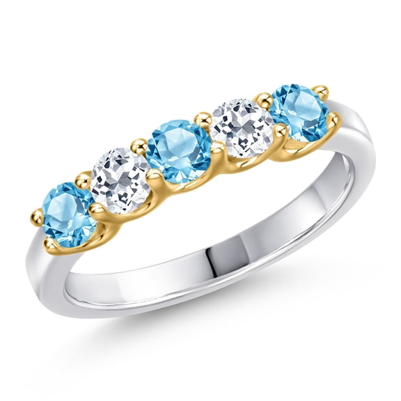 Gem Stone King 925 Silver and 10K Yellow Gold Swiss Blue Topaz and White Topaz Wedding-Bands Ring for Women | 1.03 Cttw | Round 3.5MM | Gemstone November Birthstone | Size 6