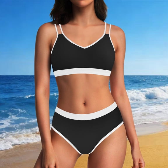 Mceream Women's High Waisted Swimsuit Set Two Piece Swimwear Color Block Black S