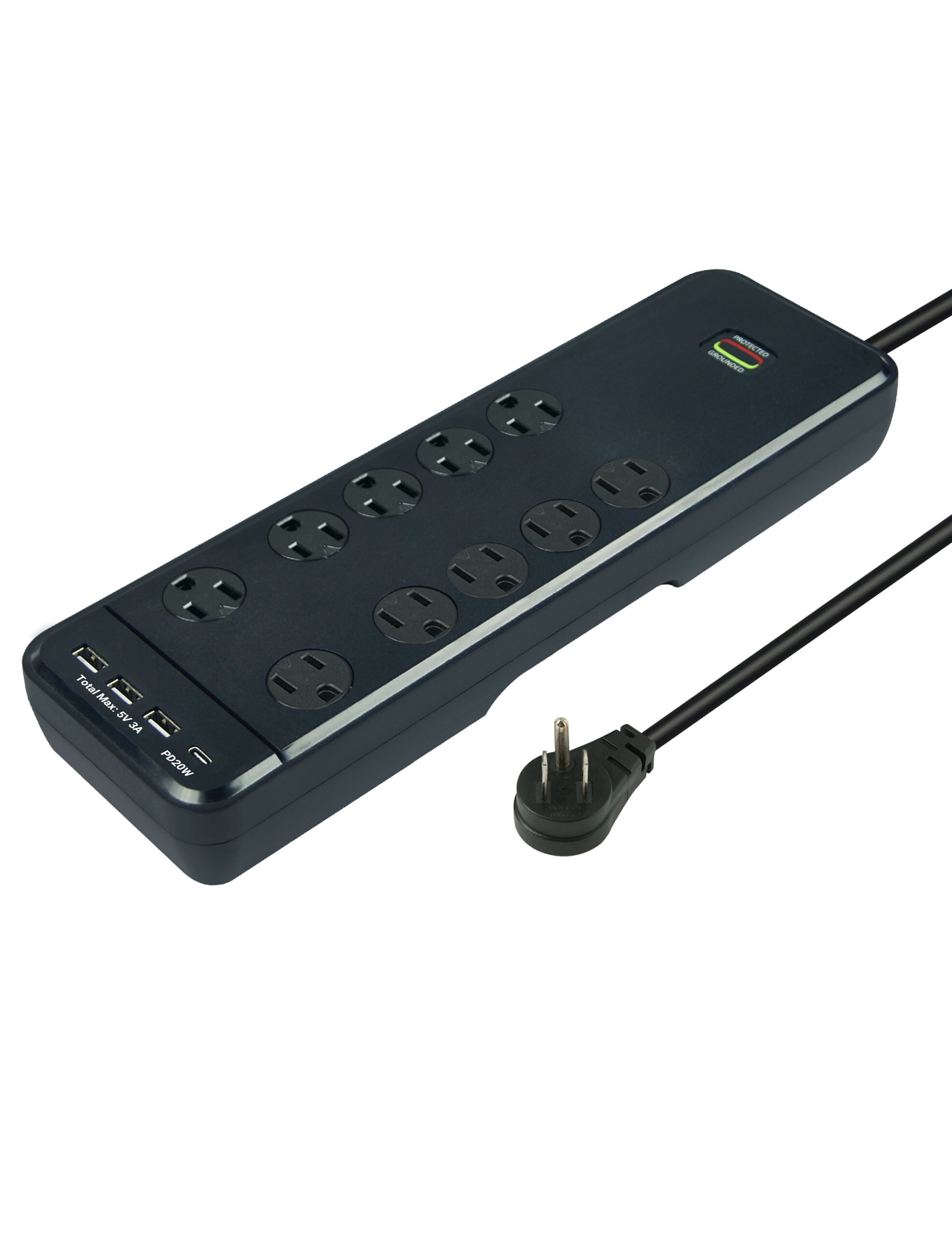 Hyper Tough Indoor 10-Outlet 10ft Surge Protector 2480-Joule Protection with 4 USB Ports, Black