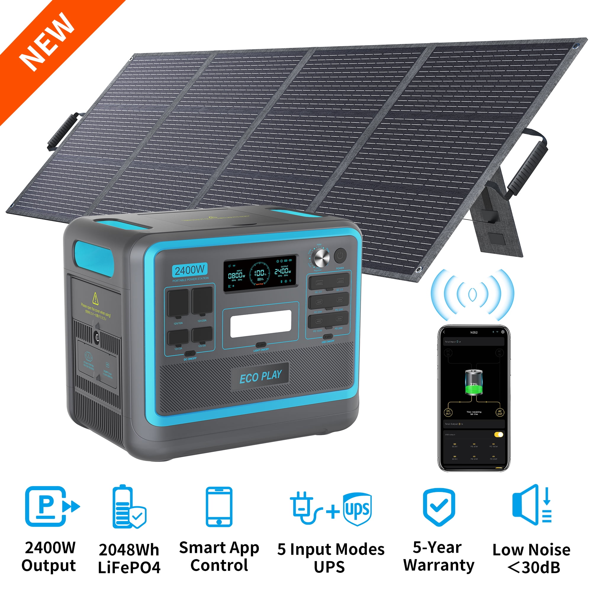 Eco Play 2400W Portable Power Station with 200W Solar Panel