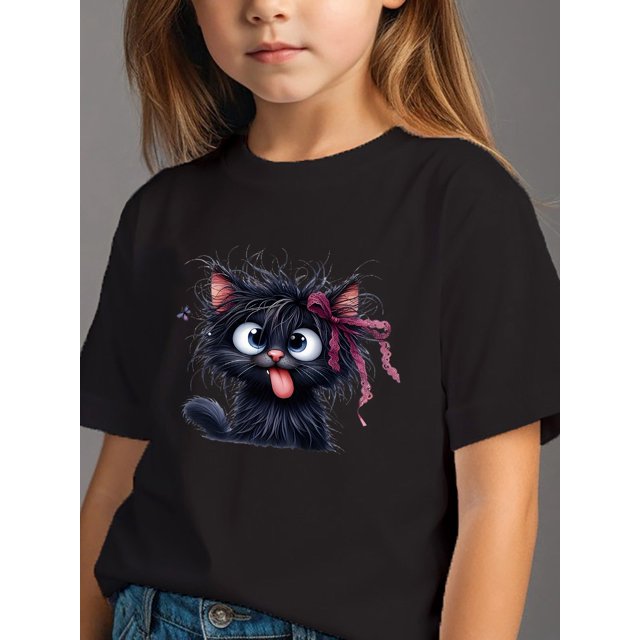 Soft Cotton Tee with Cute Cartoon Cat Print - Casual Round Neck Short Sleeve Shirt, White, Adorable Kitten Design with Pink Bow, Perfect for Summer, Everyday Top | Adorable Bow Detail | Cotton, Tshir