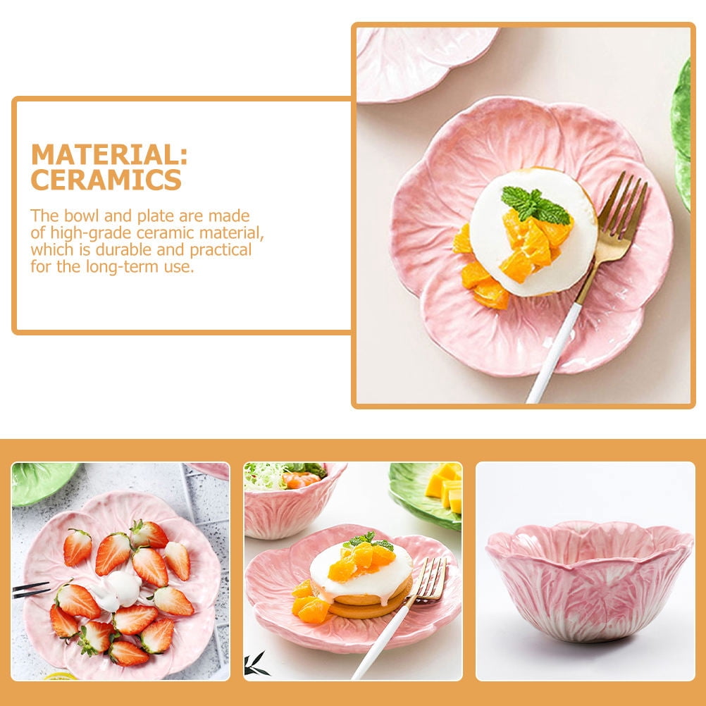 UNOMOR Pink Ceramic Cabbage Bowl for Storage Using Material for Microwave Oven Dishwasher 1 Set