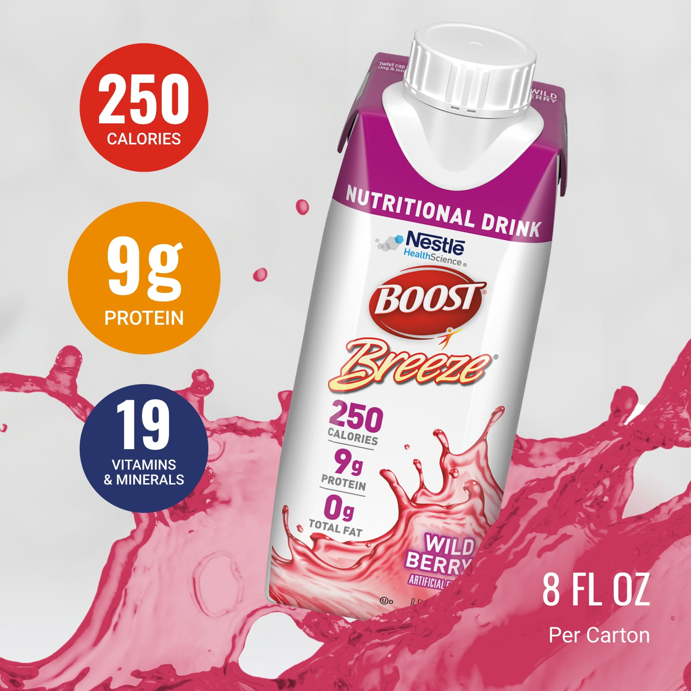BOOST Breeze Clear Nutritional Drink, 9g Protein, 250 Nutrient-Rich Calories, Wild Berry, 8 fl oz (Pack of 24)