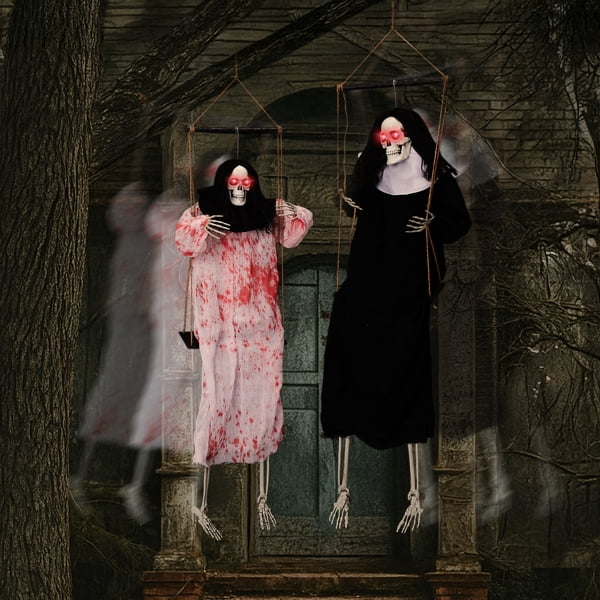 2-Pack 3ft Halloween Hanging Grim Reaper Ghosts, Glowing Red LED Eyes + Horror Screams for Indoor/Outdoor Use