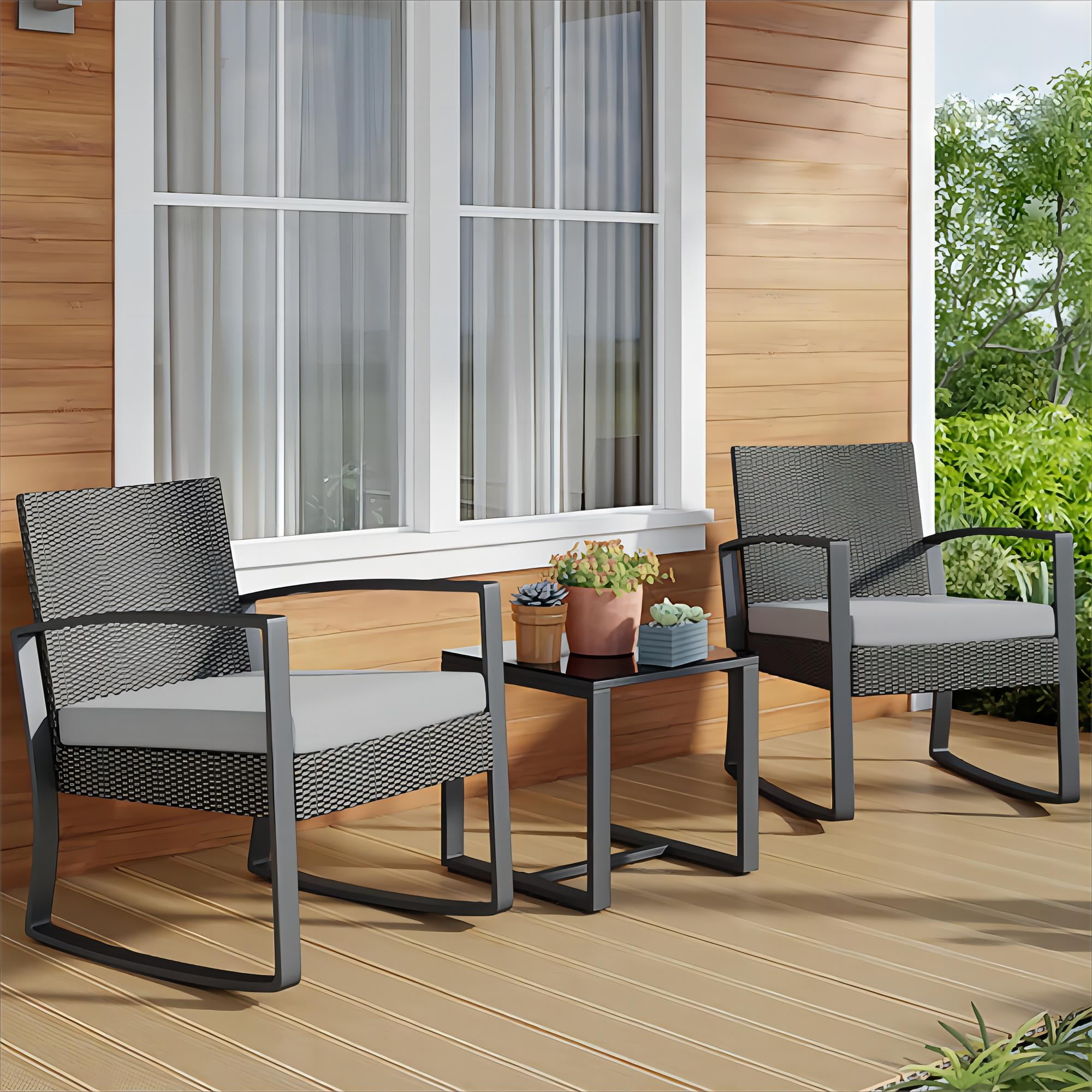 Lofka 3-Piece Patio Furniture Set, Outdoor Rocking Chairs with Thickened Cushions and Coffee Table for Garden, Balcony, Camping, Gray