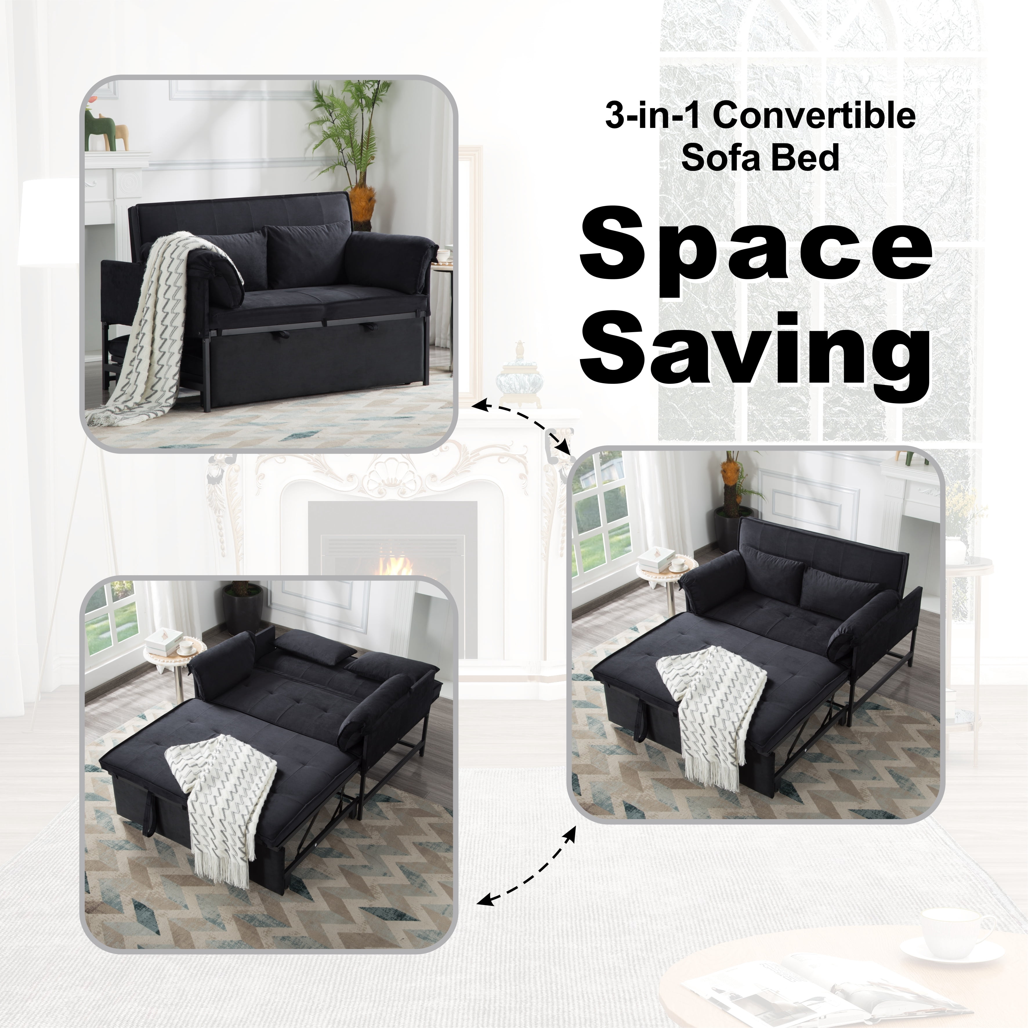 Gewnee 46"3 in 1 Convertible Sofa Bed,Pull-out Sleeper with 5 Reclining Positions for Living Room,Apartment,Velvet Black