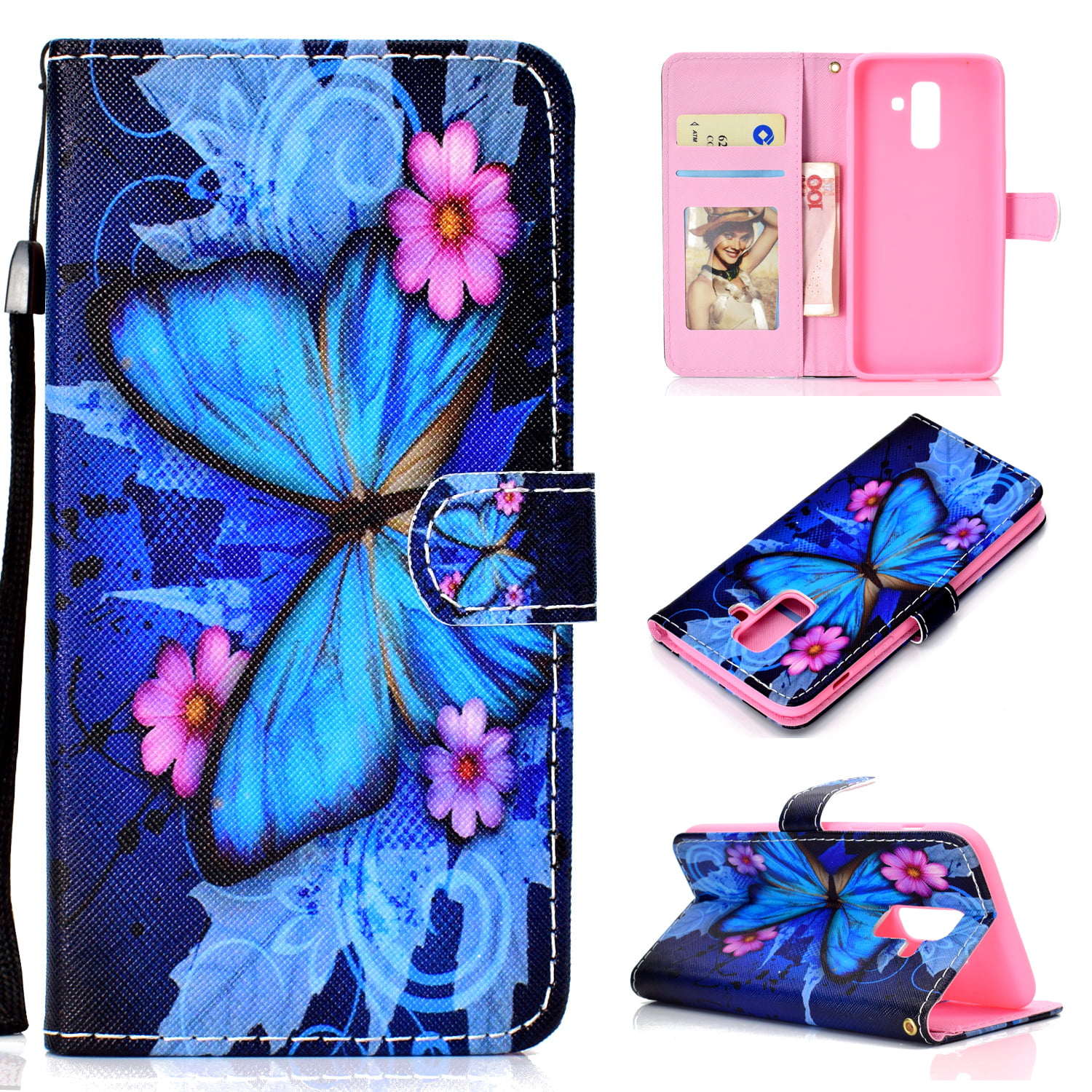 Samsung Galaxy A8 2018 Wallet Case Samsung Galaxy A8 2018 Case for Women Fashion Butterfly Printing PU Leather Wrist Strap Flip Case Cover for Samsung Galaxy A8 2018 Brown, Galaxy A8 2018