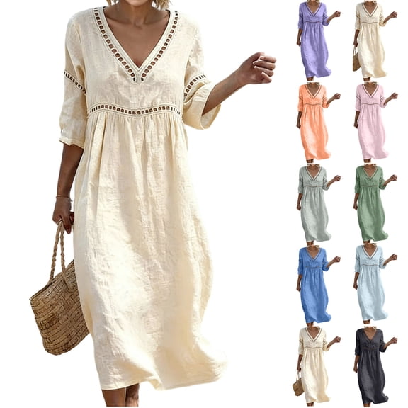 Summer Dresses for Women Fashion Casual V-Nek 3/4 Sleeve Solid Mid-Calf Dress A-Line Casual Loose T-Shirt Beach Sundress