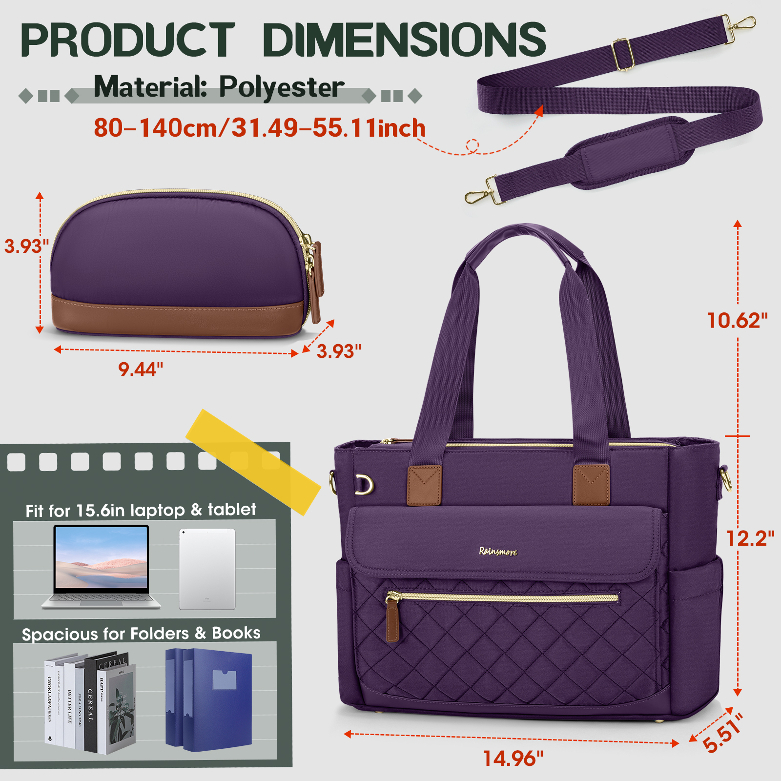 RAINSMORE Teacher Tote Bag 15.6 inch Laptop Bag for Women with Small Bag Professional Work Tote Bags Nurse Bag Computer Briefcase,Deep purple