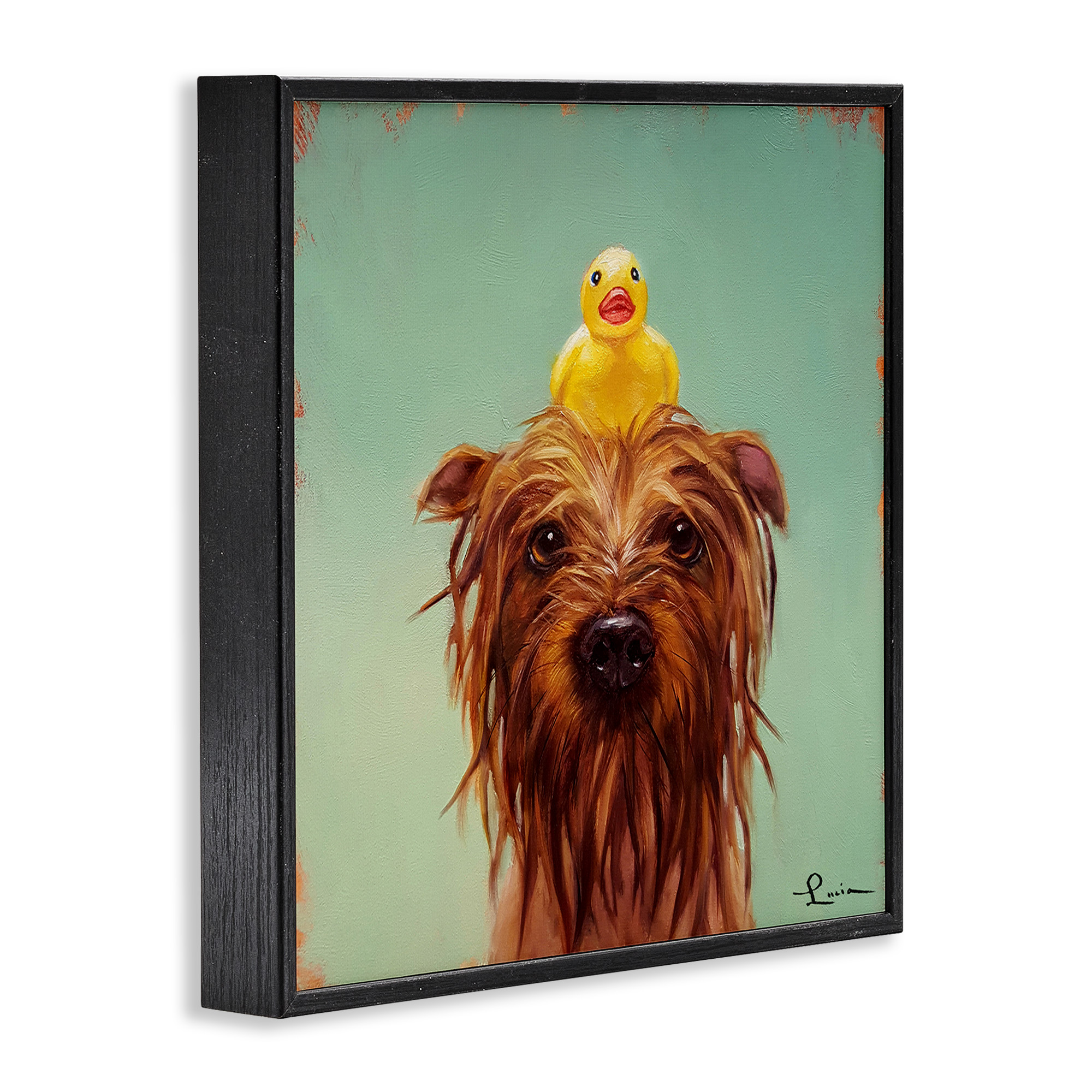 Stupell Industries Wet Dog with a Rubber Ducky Animals & Insects Painting Black Framed Art Print Wall Art, 24 x 24