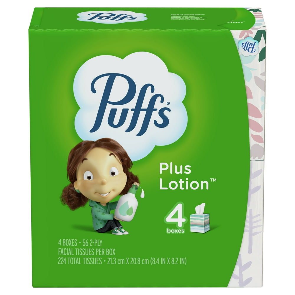 Puffs Plus Lotion Facial Tissue, 4 Cube Boxes, 56 Facial Tissues Per
